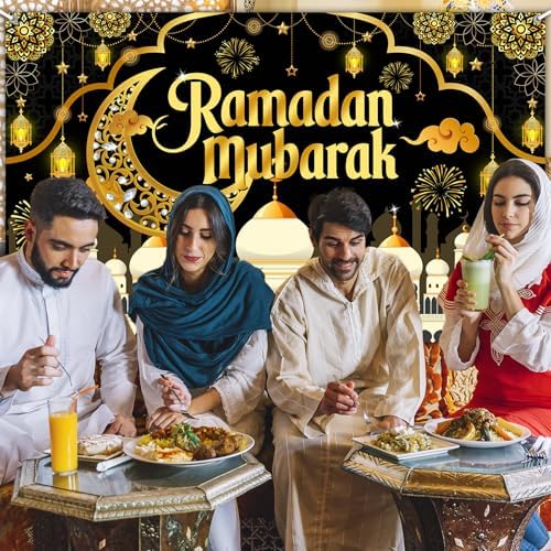 Mocsicka Ramadan Mubarak Decorations Backdrop Blue Gold Muslim Ramadan Kareem Banner Eid Mubarak for Home Muslim Party Supplies (Black, 8x6ft) - Image 7