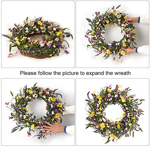 J'FLORU Spring Wreath 24 Inch Summer Wreaths for Front Door Artificial Flower Wreath with Daisy and Lavender for Indoor Outdoor and Easter Celebration - Image 6
