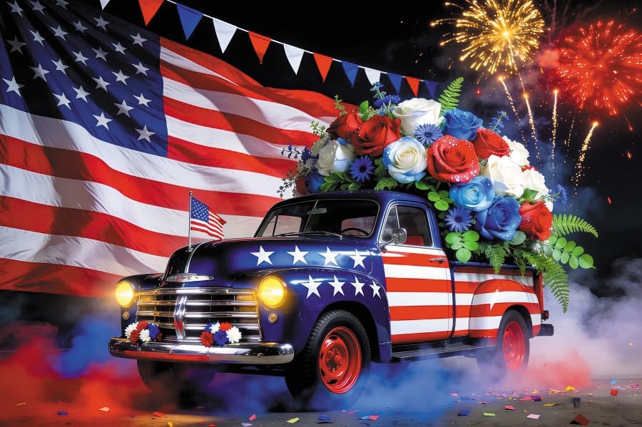 12x6ft 4Th of July Backdrop Car Colorful Flowers Independence Day Us Flag Decorations Background Memorial Veterans Day Newborn Party Birthday Party Banner Photo Booth by ZJRBJB