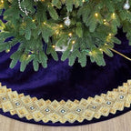 60-Inch Venetian Gilded Velvet Christmas Tree Skirt with Gold Embellished Border, Foam-Padded, Button Closure, Royal Blue - Image 6