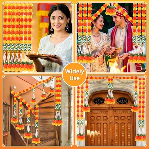 8PCS Diwali Artificial Marigold Garland for Home Decor, Marigold Long Strands with Bells and Leaves for India Wedding, Pooja Decor, Marigold Flowers Strings for All Year Decoration - Image 5