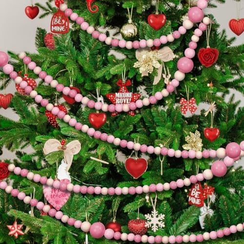 Bucherry 4 Pcs Christmas Wood Bead Garland 28.8 Feet, Pink, Natural - Image 5