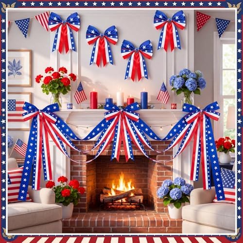 Knitgrip 10ft Patriotic Red White and Blue Outdoor Decorations Bunting Bow Garland with 4th of July 4 Large Bows Patriotic Porch Decor American Flag 250th Banner for Independence Day Wall Stair - Image 3