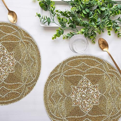 Handmade Beaded Placemat Charger, 13 Inch Round, Set of 2, Beautiful Decorative Dining Table Placemat for Your Dinner Table Décor - Gold Multi - Image 2