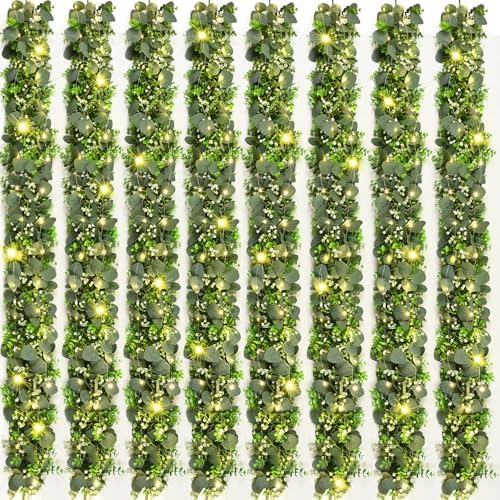 8Pcs Eucalyptus Garland with Lights, Greenery Garland, Green Garland with Flowers, 5.9FT Artificial Faux Eucalyptus Leaves Vines for Table Mantle Home Wedding Party Indoor Outdoor Decor（2 Long Lights） by Waipfaru