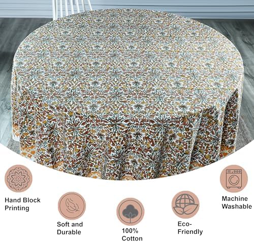 Ridhi Block Print Round Tablecloth Goldenrod Yellow 132 Inch 100% Cotton - Image 2