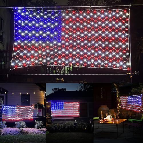 American LED Flag Net Lights Outdoor – 384 Super Bright Red White Blue Lights, Waterproof Patriotic Flag Light for 4th of July, Memorial Day, Independence Day, Yard, Garden, Wall Decor by ooLALoo