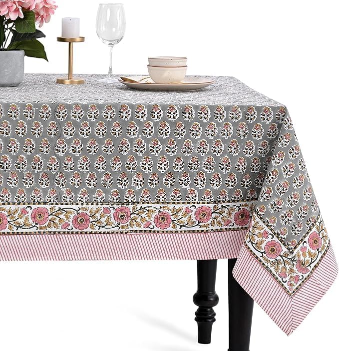 CPC Tablecloth 100% Cotton 80x120 Inch Indian Block Print Rectangle Table Cover, Blue Table Cloth for Weddings, Spring/Summer, Barbeque - Labra Grey by COTTONPRINTCLUB