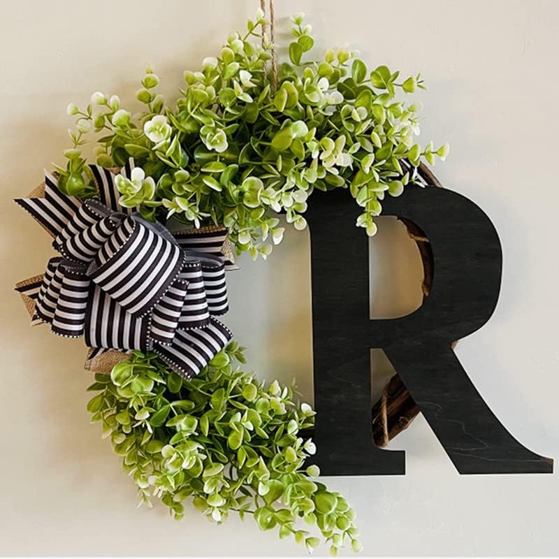 Monogram Initial Letter Wreaths for Front Door with Striped Linen Bow & Fake Green Grass on Grapevine Base Farmhouse Style Rustic Door Decor Spring Summer Green Wreath, L - Image 4