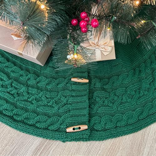 48-Inch Cable Sweater Knit Christmas Tree Skirt with Wooden Toggles, Forest Green - Image 7