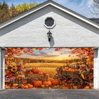 8X7Ft Fall Garage Door Banner, Autumn Pumpkin Scarecrow Harvest Leaves Backdrop Door Cover Fall Thanksgiving Wall Decorations Photo Background for Home Party Outdoor Yard Holiday - Image 2