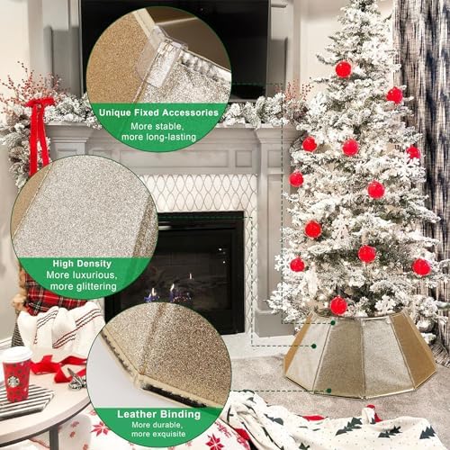 Blissun Fabric Christmas Collar, Glittering Tree Ring, Willow Skirt for Tree Decorations (Glitter Gold) - Image 3