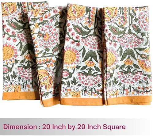 ATOSII Cotton Blockprint Cloth Napkins, Clover Yellow, Set of 4, 20" X 20" - Image 2