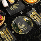 Ramadan Party Supplies Decorations for Home Serve 50, Eid Mubarak Ramadan Black and Gold Plates and Napkins Set, Disposable Paper Plates Napkins Cups Knives Spoons Forks for Ramadan Party Decorations - Image 3
