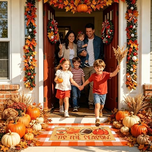 2 Pcs Fall Football Doormat, Layered Pumpkin Welcome Mat with Orange White Buffalo Plaid Mat, Tis The Season Autumn Maple Leaves Front Door Mats, Non Slip Seasonal Porch Decor for Entrance - Image 5