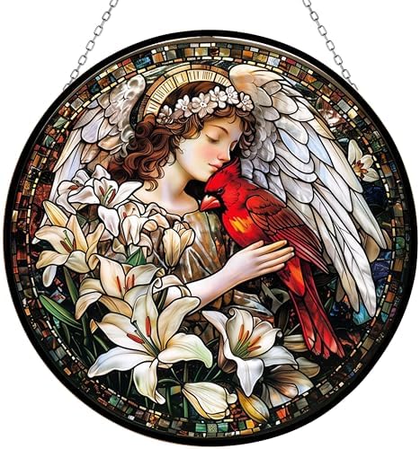 Angel with Red Cardinal Stained Glass Suncatcher Window Hangings, Memorial Gifts for Women, Memorial Gifts for Loss of Dad Mom Loved One 9.8" by HYPESTYLE