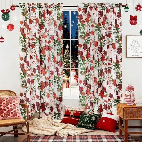 youleyar Christmas Curtains for Living Room, 84 Inch Length Rod Pocket Xmas Curtian Panels, Printed Pattern Flower Window Drapes for Bedroom Dining Room Drapes, 52" W x 84" L - Image 2