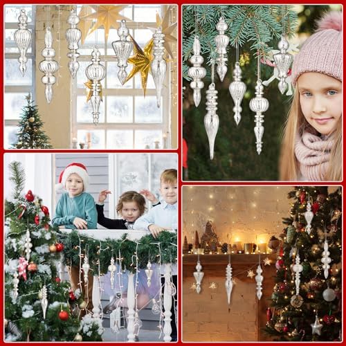 Soaoo 6 Pcs 6.3 in Silver Mercury Glass Finial Christmas Ornaments - Image 5
