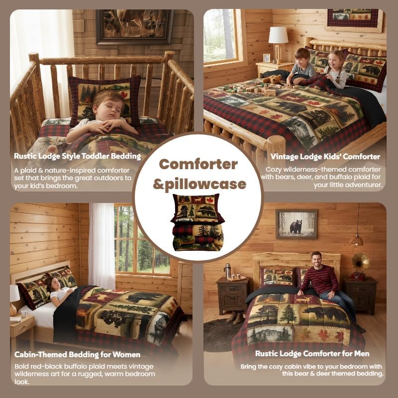 Bear Cabin Plaid Comforter Set Queen, Rustic Farmhouse Bedding Comforter Sets, Retro Hunting Deer Bedding, Country Woodland Pine Tree Duvet Set, Maple Leaf Lodge Decor Down Comforter, Red Black Brown - Image 5