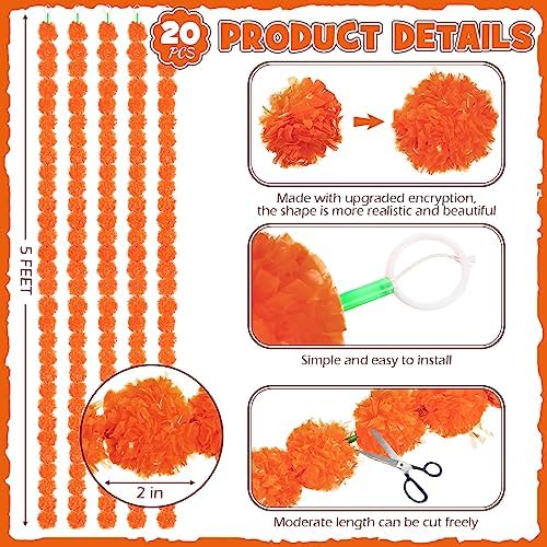Yunsailing 20 Pcs 5 ft Marigold Day of The Dead Garland for Decorations Diwali Day of The Dead Artificial Marigold Flowers Faux Wedding Decorations for Halloween Home Party(Orange) - Image 2