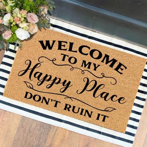 Funny The Entrance Way Outside Personalized Rug with Heavy-Duty Non Slip Outdoor Coconut Coir Doormat Pets Lover Gift 23.6 x 15.7 inch (Welcome to My Happy Place Don't Ruin It) by XTDJJKK