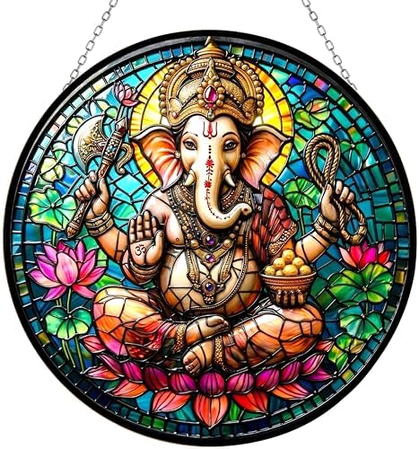 Diwali Ganesh Elephant God Stained Glass Suncatcher Window Hangings, Indian Decor, Diwali Wall Hangings, Wall Decorations for Home 9.8" by HYPESTYLE