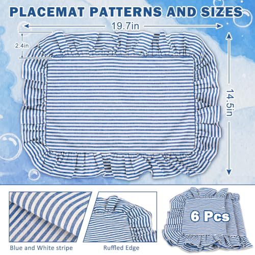 Whaline Vintage Blue Cotton Placemats with Ruffle Stripe Kitchen Place Mats for Birthday Party Home Dining Table Decor, Set of 6, 14.5 x 19.7 in - Image 2