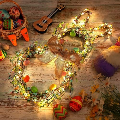 Easter Bunny Wreaths for Front Door with Lights, 24" Easter Green Rabbit Wreaths with Eggs,Twig and Berries,Bowknot, Spring Wreath for Decorations Home Farmhouse Outdoor Indoor Wall Mantel Window - Image 4