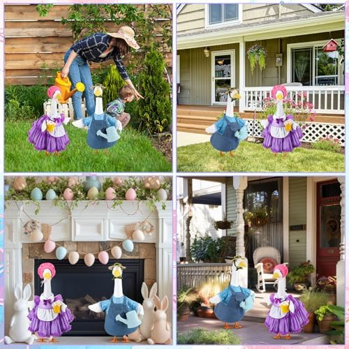 Abbylike 2 Set Spring Porch Goose Outfits Gardener Goose Clothes Purple and Blue for 23" Cement Plastic Geese with Flower Pot and Watering Can Summer Duck Costume for Patio Lawn Outdoor Patio Decor - Image 6