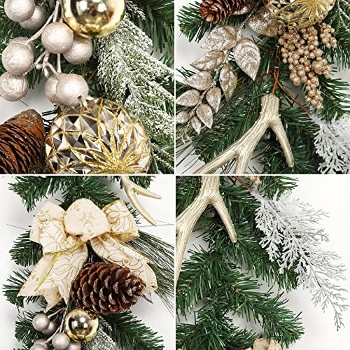 Christmas Garland with Lights, Champagne Gold 6FT 20LED Pre-Lit Christmas Garland with Ball Ornaments, Ribbons, Pine Cones and Artificial Antlers for Door Mantle Stairs Christmas Decoration - Image 3