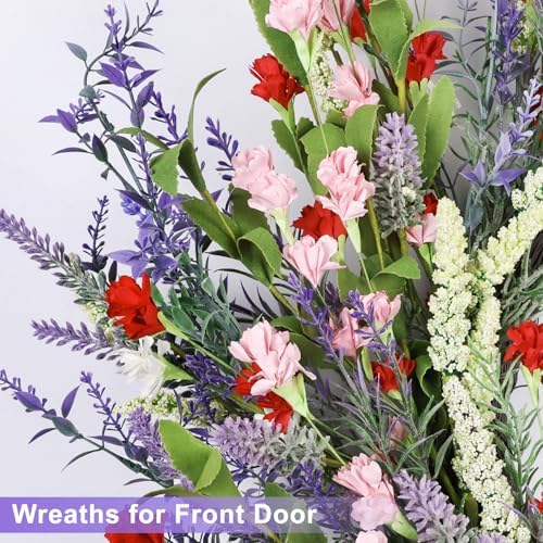 LZNPA 26 Inch Large Lavender Wreath for Front Door Greenery Summer Spring Wreaths for Front Door Wreaths for Front Door All Seasons for Wedding Farmhouse Wall Porch Window Decor(Red Pink Lavender) - Image 6
