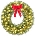 Yaheetech 30in Large Artificial Christmas Wreath, Pre-lit Holiday Accent Decoration with Red Bow, 110 LED Lights & 300 PVC Tips, Metal Structure for Door Wall & Mantel by Yaheetech