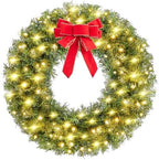 Yaheetech 30in Large Artificial Christmas Wreath, Pre-lit Holiday Accent Decoration with Red Bow, 110 LED Lights & 300 PVC Tips, Metal Structure for Door Wall & Mantel by Yaheetech
