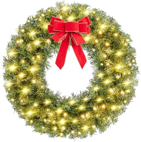 Yaheetech 30in Large Artificial Christmas Wreath, Pre-lit Holiday Accent Decoration with Red Bow, 110 LED Lights & 300 PVC Tips, Metal Structure for Door Wall & Mantel by Yaheetech