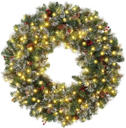 Casafield 36" Pre-Lit Fir Artificial Christmas Wreath Holiday Décor, 150 LED Lights, 360 PVC Tips Pinecones, Berries for Front Door, Window, or Mantel by Casafield