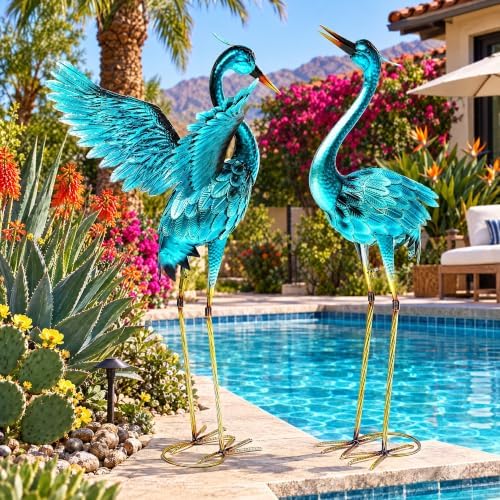 37" Blue Heron Statue Outdoor Decor, Large Metal Cranes for Garden - Image 2