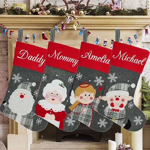 Set of 4, 18" Dia Personalized Gray Christmas Stockings with Embroidery Names,with Holders, Quality Thick Fleece Material Stockings for Family Decor(Santa Mrs.Claus Angel Elf) - Image 4