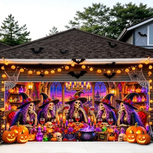 7x16FT Halloween Witch Garage Door Banner Skeleton Witch Happy Hallowen Garage Door Cover Decoration for Hallowen Decoration - Image 7