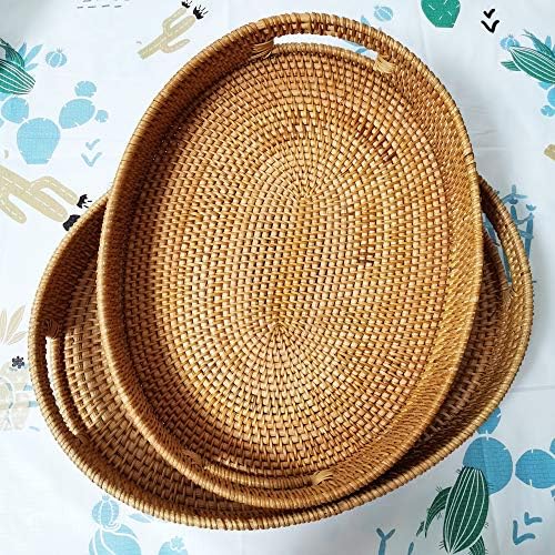 i- lan 2Pack Extra Large Oval Rattan Serving Trays with Handles-17 Inch Natural Brown Wicker Oval Serving Baskets Food Storage Platters Decorative Display Tray Set for Ottoman,Coffee Table,40cm+43cm - Image 3