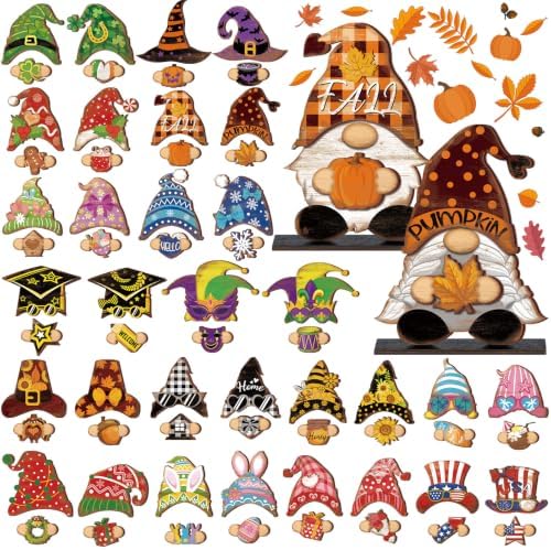 68 Pcs Seasonal Interchangeable Wooden Gnome Decor Farmhouse Holiday 2 Pcs Gnome Standing Centerpieces Decoration with 2 Wooden Bases 64 Detachable Hats Magnet Pieces for DIY Holiday Decorations by Lineshading