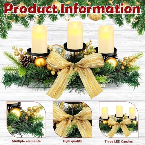 meekoo Christmas Centerpiece with 3 Candle Holders 3 LED Candles 1 String Lights Xmas Triple Candelabrum Bow Berry Pine Cones with 3 Candle Holders for Tables Home Decorations - Image 4