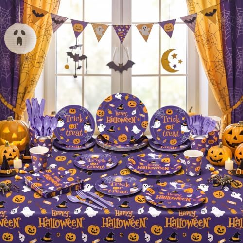 Funnymoom 218 Pcs Happy Halloween Party Decorations Purple Plates Serves 24 - Image 4
