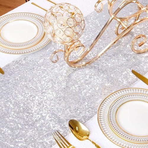 B-COOL Silver Sequin Table Runner: 8 Packs 12x72 Inch Christmas Table Runners Glitter Sparkly Fabric for Engagement Outdoor Wedding Party Birthday Decoration - Image 2