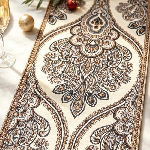 European Paisley Jacquard Table Runner 94" Long with Metal Multi-Tassels - Image 4