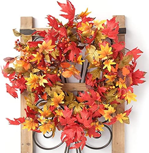 Idyllic 20 Inch Fall Wreath for Front Door - Maple Leaves Autumn Wreath for Thanksgiving, Halloween, Wall, Front Porch Home Decoration - Image 6