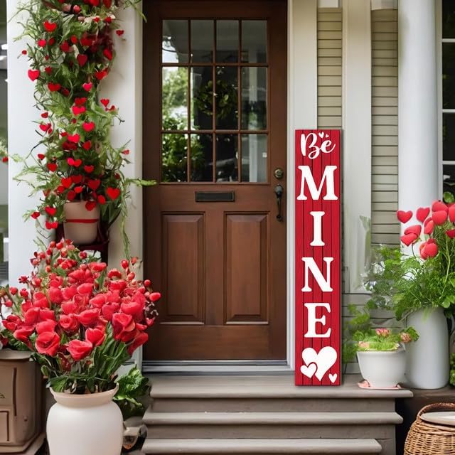 SRongmao Valentine's Day Porch Sign Vertical Be Mine Wooden Front Porch Decor Standing Rustic Valentine's Day Heart Outdoor Indoor Porch Decor for Farmhouse Door Hanging Decoration 8x48inch - Image 5