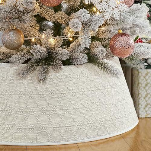28 Inch Knit Christmas Tree Skirt, Cream White Boho Christmas Tree Collar by GUDELAK