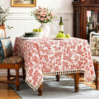 Cotton Vintage Floral Tablecloth Tassel Trim Red 60x90 - Image 2
