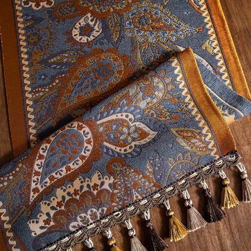 Spring Floral Table Runner 106in Long - Nordic Cashew Embroidery Jacquard with Tassels, Elegant Easter & Mother's Day Decor for Farmhouse Dining Table, Wedding & Dresser (Cashew Nuts, 13.7"x106") - Image 2