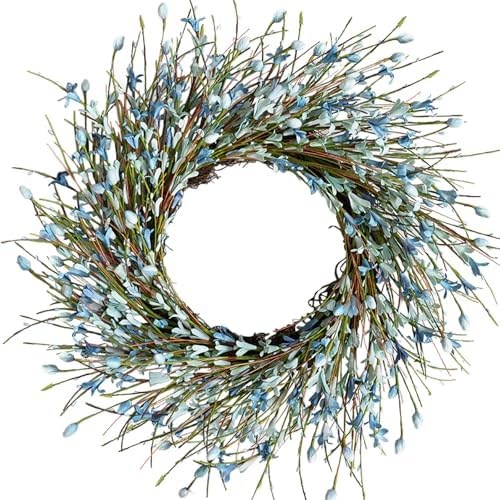 20inch Artificial Forsythia Flower Wreath, All Year Around Wreath for Front Door, Wedding Window Home Wall Indoor Front Door Decor (Blue, 20in) by Bibelot